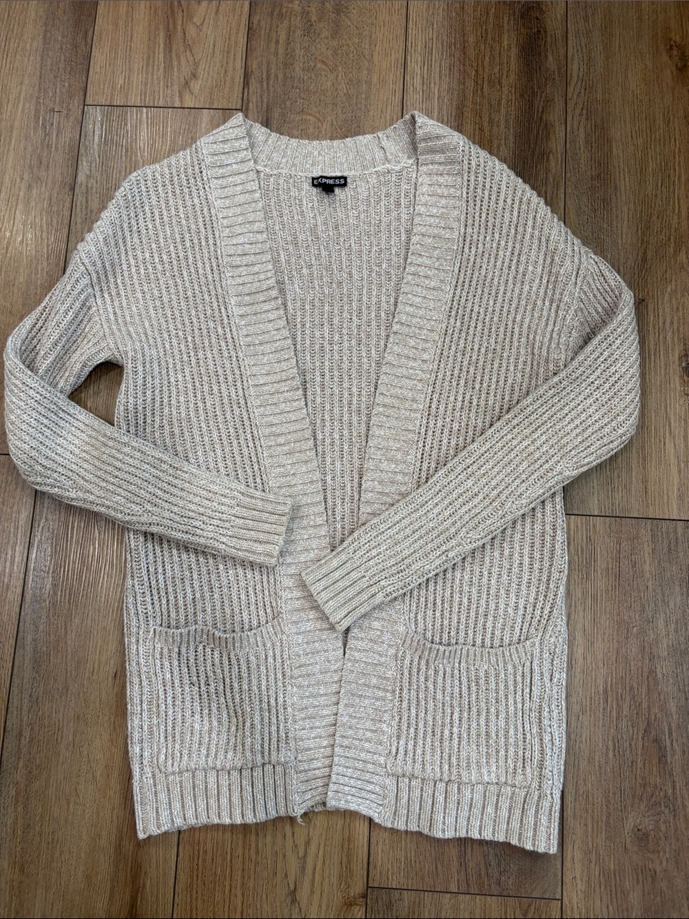 Express Women's Beige Open-Front Ribbed Cardigan with Pockets | size small